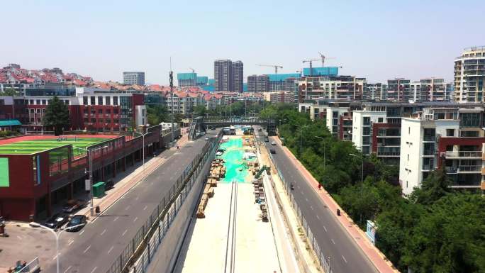 航拍城市道路改造 市内道路施工 隧道施工