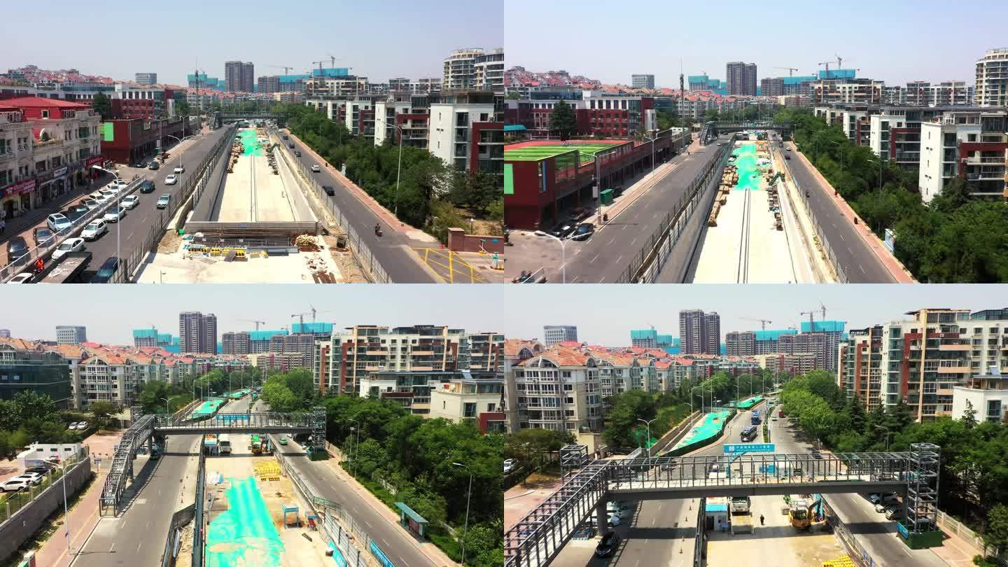 航拍城市道路改造 市内道路施工 隧道施工