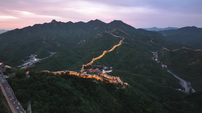 航拍北京延庆八达岭长城夜景