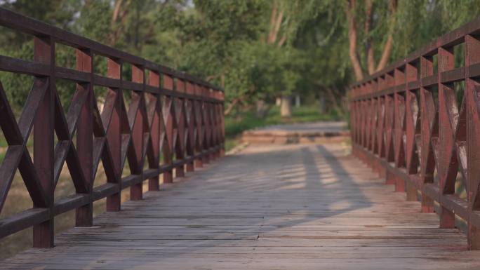4K公园木桥木板路脚步木头桥