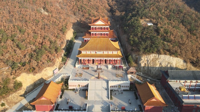 航拍威海市环翠区里口山风景区广福寺