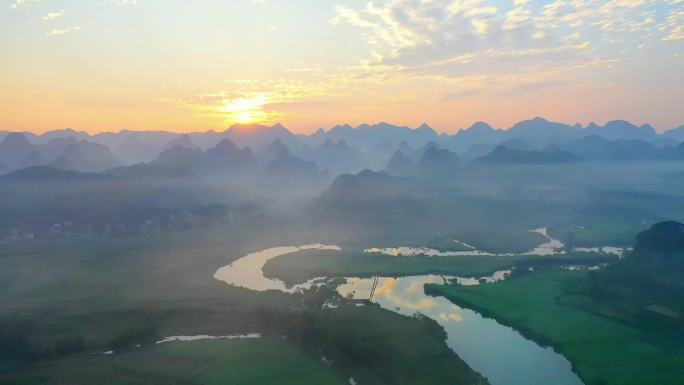 航拍中国乡村河流田园清晨日出
