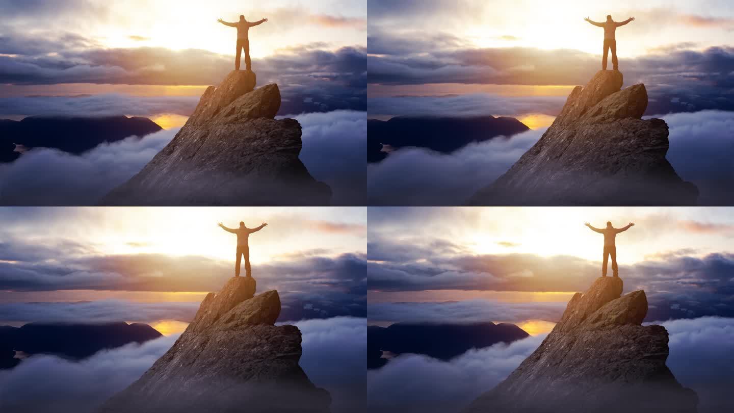 冒险男子在山崖顶上的电影图像连续循环动画