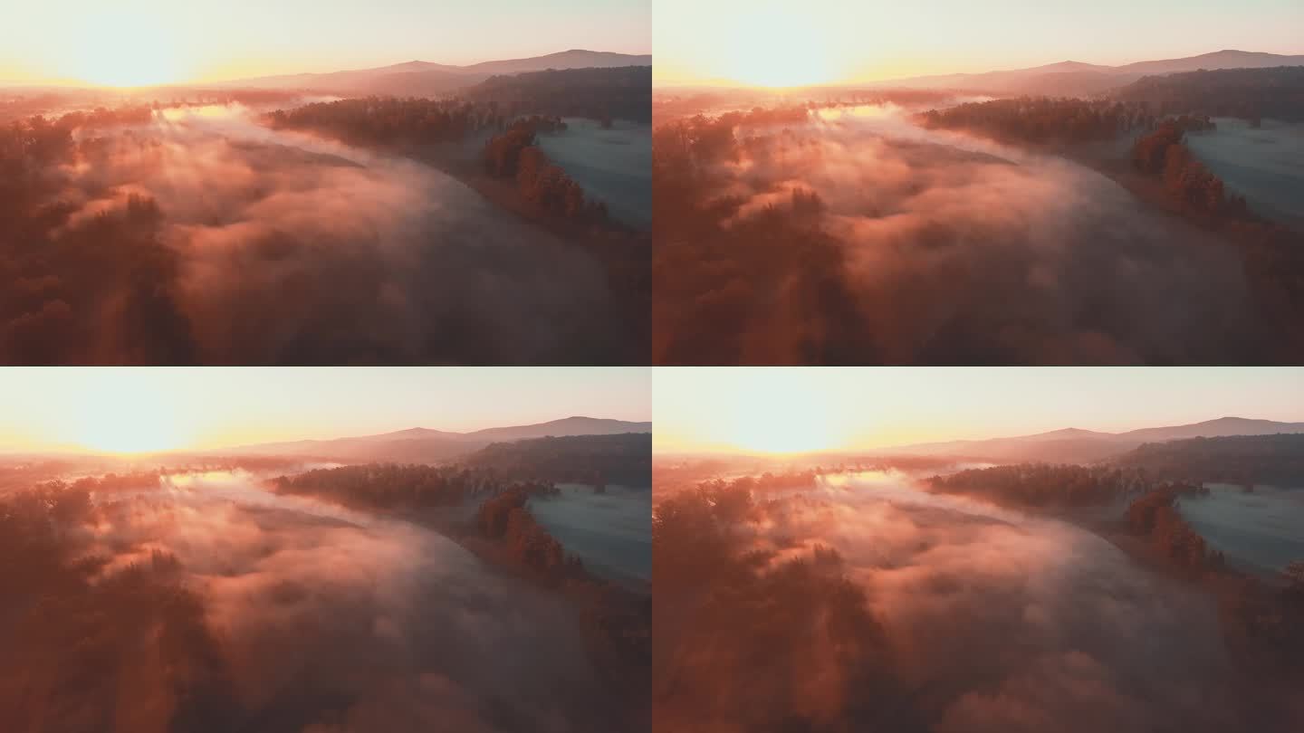 初秋时节，河流和山上美丽的雾蒙蒙的黎明。