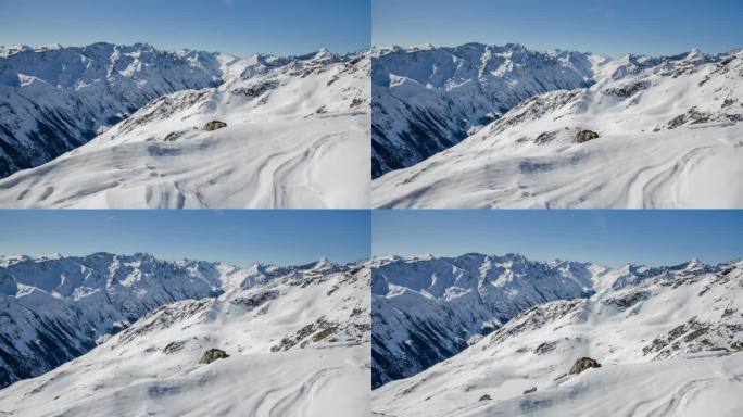 在雪阿尔卑斯山区冬季晴天索登谷时间流逝。小车在雪堆里的枪