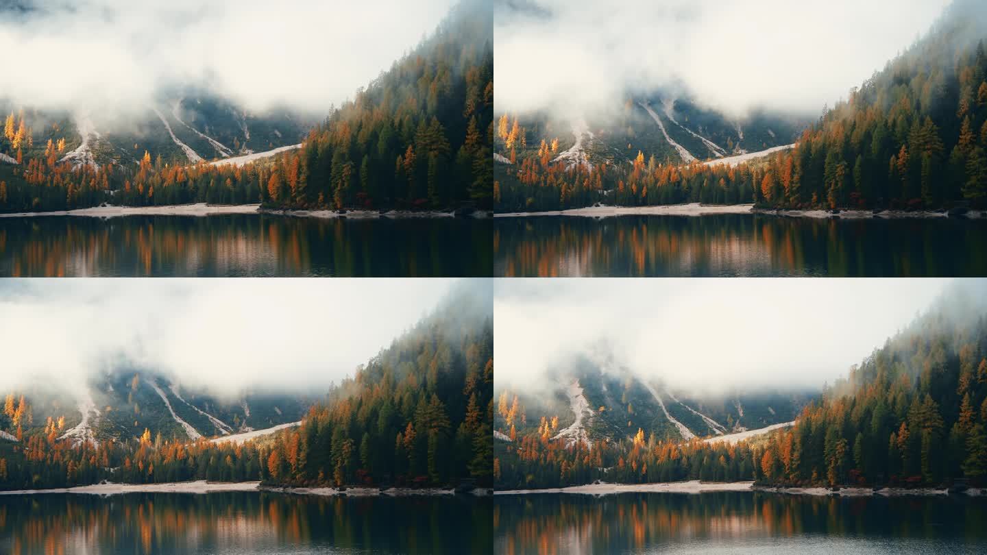 意大利白云石，风景如画的高山景观，雾蒙蒙的湖山 