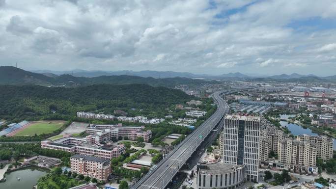 航拍浙江绍兴诸暨店口镇高架桥湄池中学省道