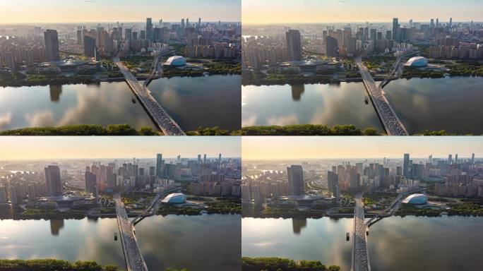 沈阳城市交通全景航拍浑河延时摄影
