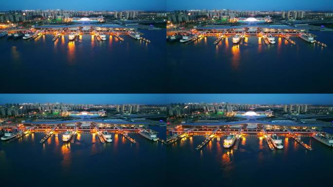 海南海口新海客运枢纽港口航拍夜晚蓝调夜景