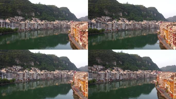 贵州航拍镇远古镇中式小桥流水大山环绕景色