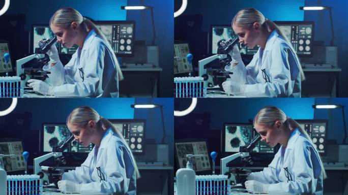 在现代实验室工作的女科学家。博士做微生物学研究。实验工具:显微镜、试管、仪器。冠状病毒新型冠状病毒肺