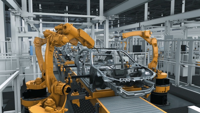 电动汽车自动化智能生产车间工厂机械臂焊接