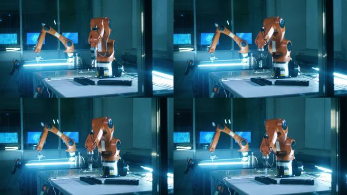 机器人的手臂在科学实验室里重新安置物体