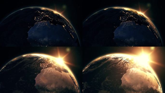 高度详细的现实史诗般的日出地球上的地球欧洲夜城市天际线视图从太空地球仪在早晨从太阳3d渲染动画使用卫