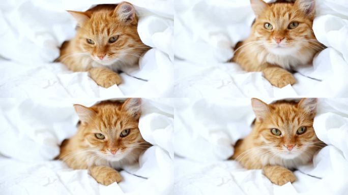 姜猫躺在床上。可爱舒适在家里睡觉的时候.