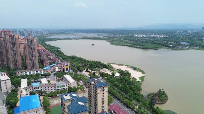 航拍县城 湘阴 湖滨路 东湖公园