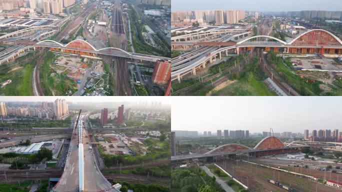 航拍郑州彩虹桥 建设施工 主体合龙
