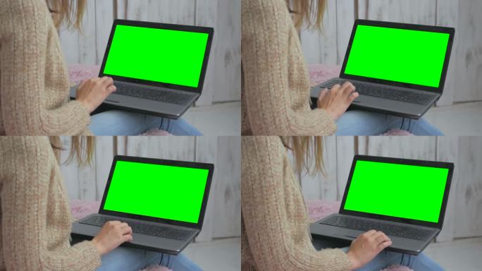 使用带有绿色屏幕的笔记本电脑的妇女