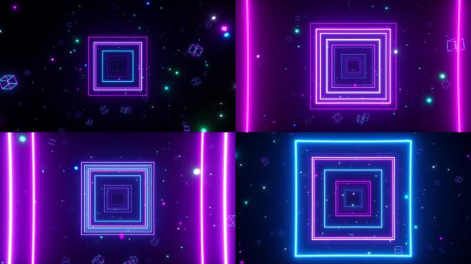 一个无尽的隧道明亮的五彩缤纷的霓虹灯正方形音乐视频，夜总会，领先的屏幕，投影显示。 现代紫外光光谱.