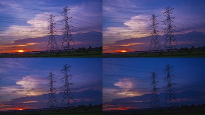 电线杆，高压塔和天空日落白天到晚上，延时