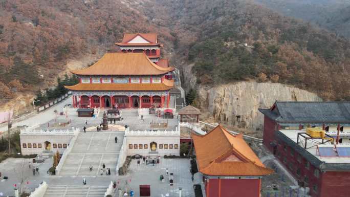 航拍威海市环翠区里口山风景区广福寺