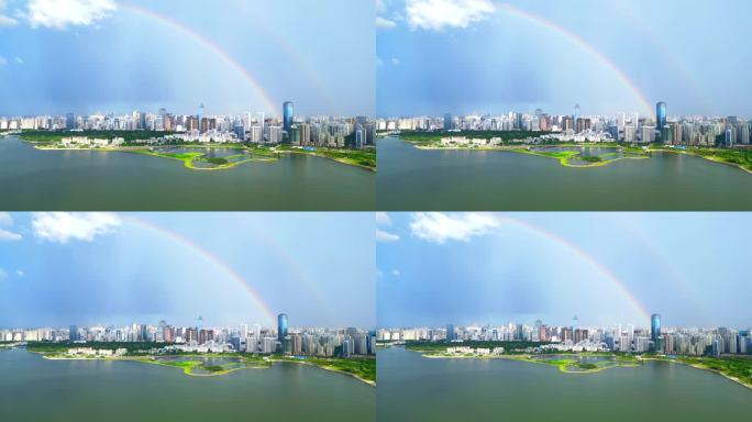 海南海口雨过天晴，航拍城市上空双彩虹