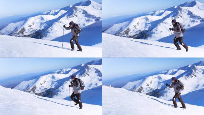 游客男子蓝白峰背包雪道顶部人登山设备徒步旅行目标季节风险男子健康攀登荒野阿尔卑斯山成功单独男性外