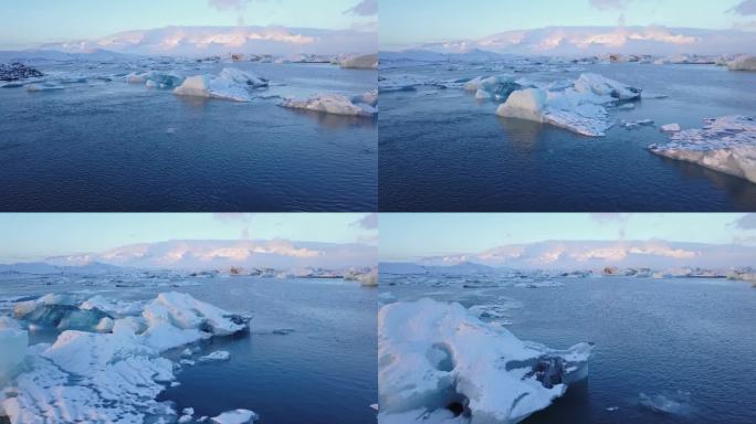 冰岛Jokulsarlon冰川环礁湖的空中景观(无人驾驶飞机确定射击)