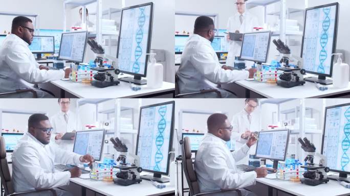 专业的非洲裔美国科学家正在一个现代科学研究实验室里研究一种疫苗。基因工程工作场所。未来技术和科学概念