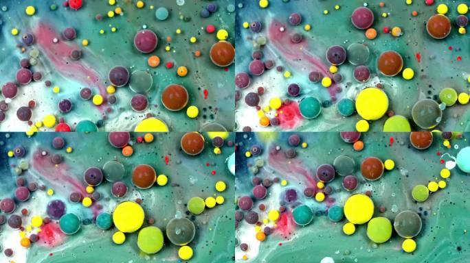 五彩斑斓的气泡的奇妙结构.混乱的运动。抽象的彩色油漆。顶部视图,