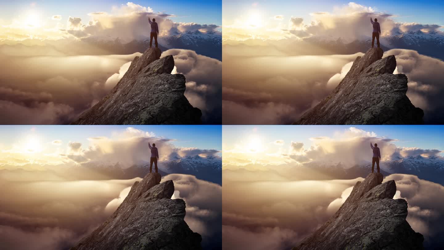 冒险男子在山崖顶上的电影图像连续循环动画