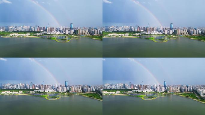 海南海口雨过天晴，航拍城市上空双彩虹