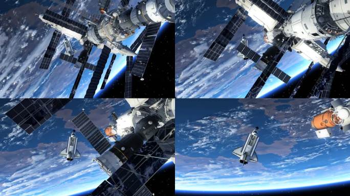 环绕地球的航天飞机和空间站。