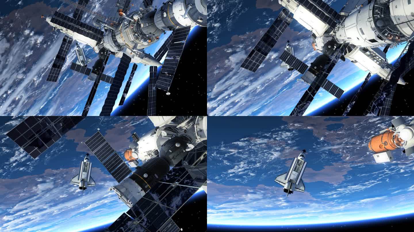 环绕地球的航天飞机和空间站。