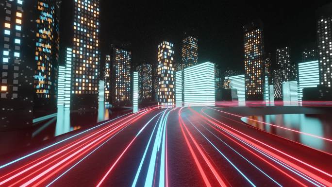 大数据的概念。城市数字双塔抽象公路路径的三维绘制。虚拟现实，高速。循环动画