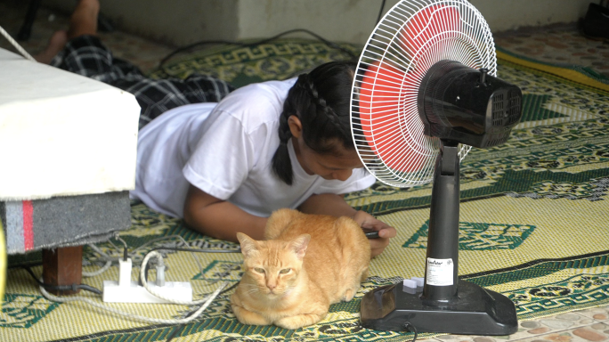 夏天小清新小女孩和猫电扇风铃树叶微风徐徐