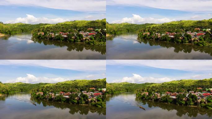 天气晴朗的热带风景.河边的村庄。菲律宾的性质，萨马尔