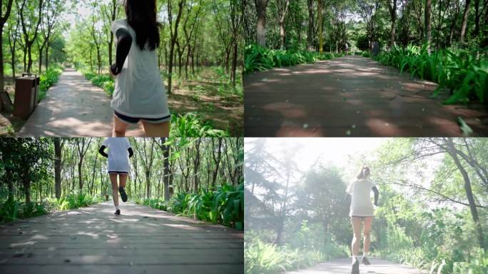 阳光清晨树林女孩跑步素材视频实拍