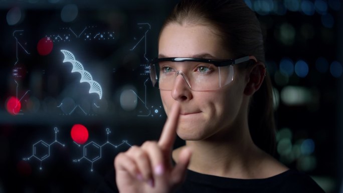 数码眼镜女生物化学家检查DNA全息图寻找偏差
