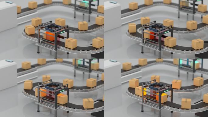 传送带上包装箱的环形传动, 3D渲染.