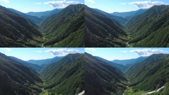空中：无人驾驶飞机飞越意大利阿尔卑斯山上美丽的郁郁葱葱的绿色山谷和山溪。旅游目的地外出徒步旅行.意大