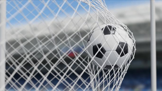 足球在一个进球的网中.足球的概念。3D动画