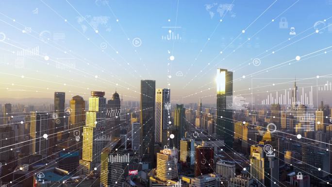 智能连接城市天际线。未来网络概念，城市技术。