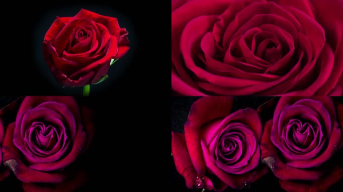 黑色底片蒙太奇上的红玫瑰绽放