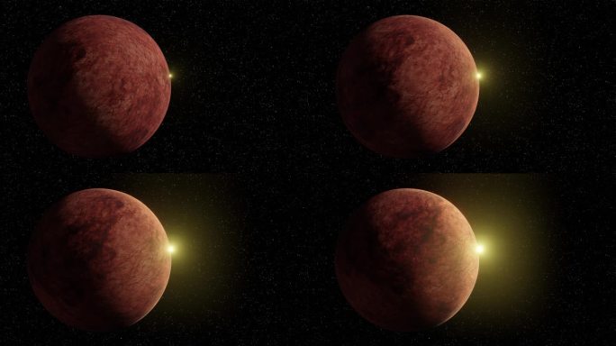 太阳升起在旋转的红色火星行星在空间。太阳出现了