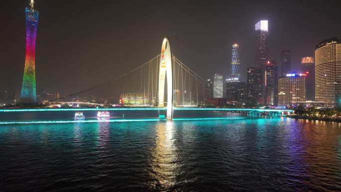晚上航拍猎德大桥珠江河畔