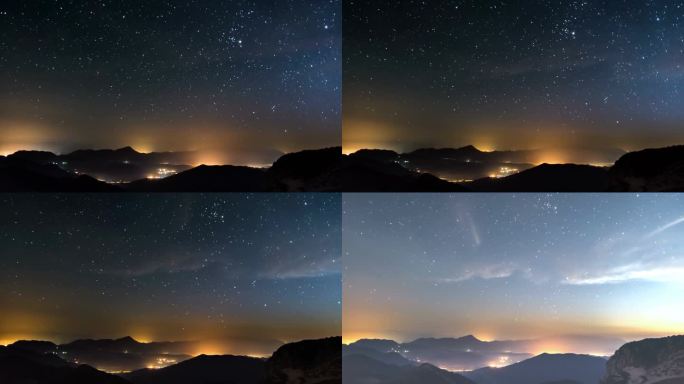 在群山繁茂的夜空中，数百万的星空缓缓地掠过乡村和城镇，夏夜，山谷里交通灯火通明。夜以继日的时间差天文