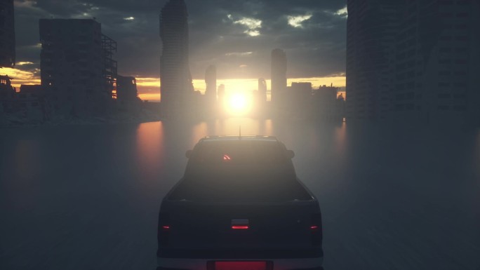 在一个破旧不堪的城市里独自驾驶一辆旧车.启示录城在雾中