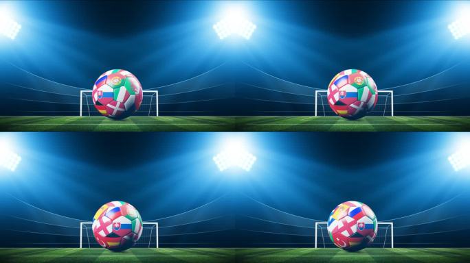 世界杯足球赛竞技场。足球的概念。3D动画