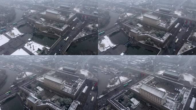 西安城墙永宁门雪景航拍